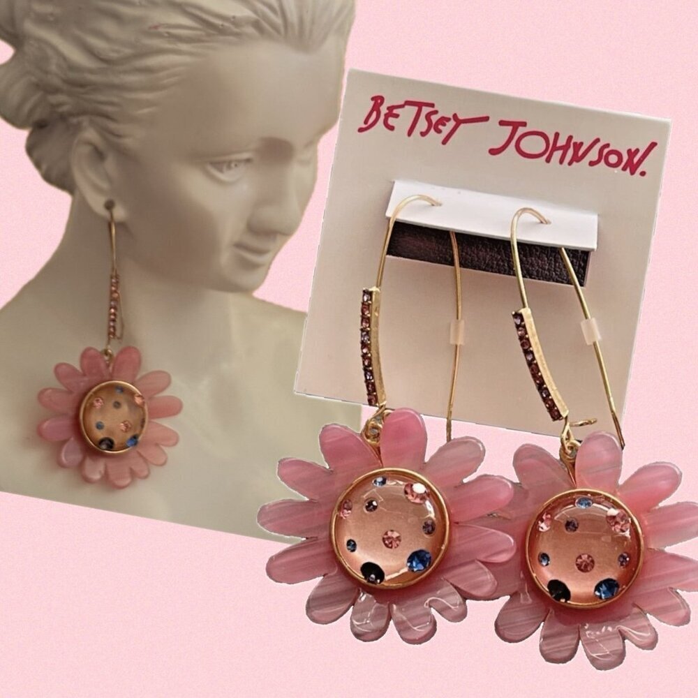 Betsey Johnson Pink Daisy Stone Accent Center Pave Gold Dangle Hook Earrings